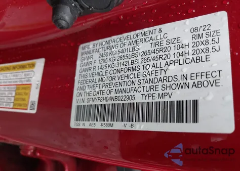 2022 Honda Passport Awd Elite z USA, uszkodzony, nr VIN 5FNYF8H04NB022905